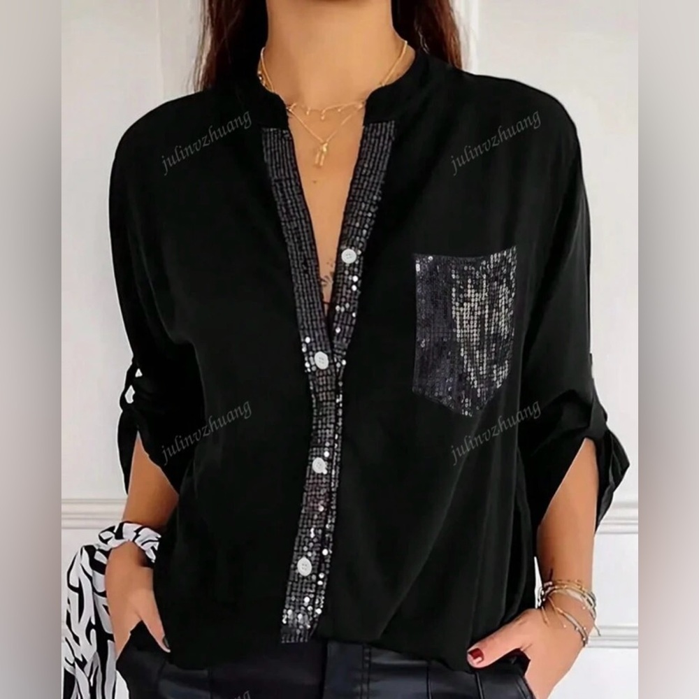 Black Sequin Trim Women's Top